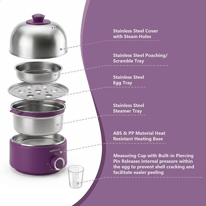 14 Eggs Electric Egg Cooker, 350W Rapid Egg Boiler with 30-Min Timer & Auto Shut-Off, Stainless Steel, Dishwasher Safe for Soft, Medium, Hard Boiled, Steamed Eggs, Vegetables & Seafood, Purple