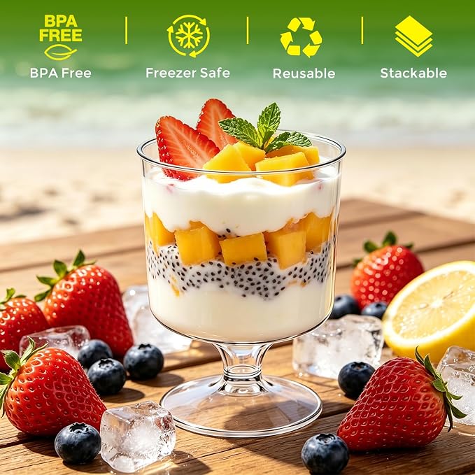 Ginkgo 60 Pack (120-Piece) 5 oz Plastic Stemmed Dessert Cups with Spoons | Sturdy & Food Safe Disposable Clear Mini Parfait & Pudding Cups for Party Appetizers, Cake, Jello & Yogurt Shots
