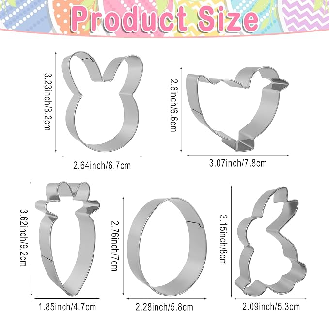 Easter Cookie Cutters, 5 Pcs Chick Carrot Egg Bunny Rabbite Shapes Metal Cookie Cutters, Stainless Steel Cutter Sets Biscuit Fruit Cutter for Easter Holiday Home Baking Kit Birthday Party Supplies