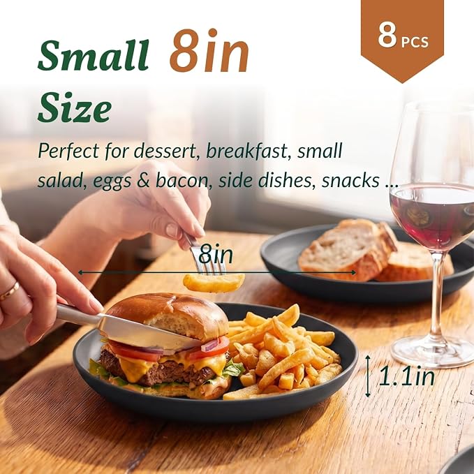 Wheat Straw Plates Unbreakable Deep Dessert Plates Set of 8 Plastic Plates Reusable Microwave Safe Plate for Kitchen Camping Party Dishwasher Safe Stackable Appetizer Plates (8in, Black)