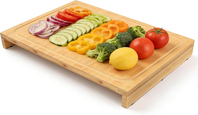 BAMOTTO CRAFTBAMBOO 12.6x22 Inch Bamboo Cutting Board, RV Stovetop Cover | 2 Detachable Support Panels | Reversible Juice Groove | Countertop Dishwasher Cover | Over Sink | Natural Bamboo