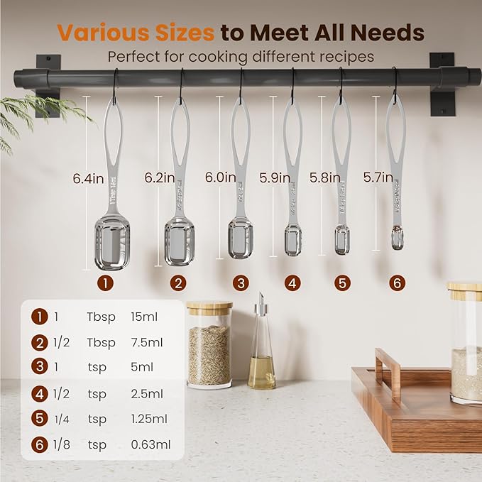 6PCS Narrow Measuring Spoons Set, Stainless Steel Measuring Spoon Fits in Spice Jars, Metal Teaspoon Measuring Spoons, Rectangular Tablespoon, Long Measuring Spoons for Dry & Liquid Ingredients