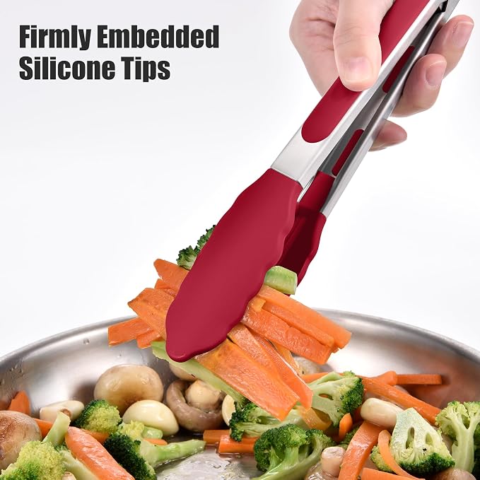 Doosu Kitchen Tongs with Silicone Tips for Cooking Serving (9in, Red) | 600°F Heat Resistant Food Tong, Heavy Duty Stainless Steel Locking Tong for BBQ, Grilling Steak, Salad, Toast, Pasta