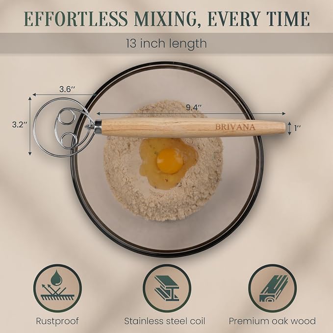 13-Inch Danish Dough Whisk, Double Loop Bread Whisk with Wooden Handle, Stainless Steel Dough Mixer for Sourdough Bread, Pizza Dough, Batter and Pastry