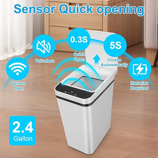 2 Pack Bathroom Trash can,Smart Touchless Trash Can,Automatic Motion Sensor Trash Bin with Lid,2.4 Gallon Garbage Can, Kitchen, Bathroom, Office, Bedroom Trash can (White+White)