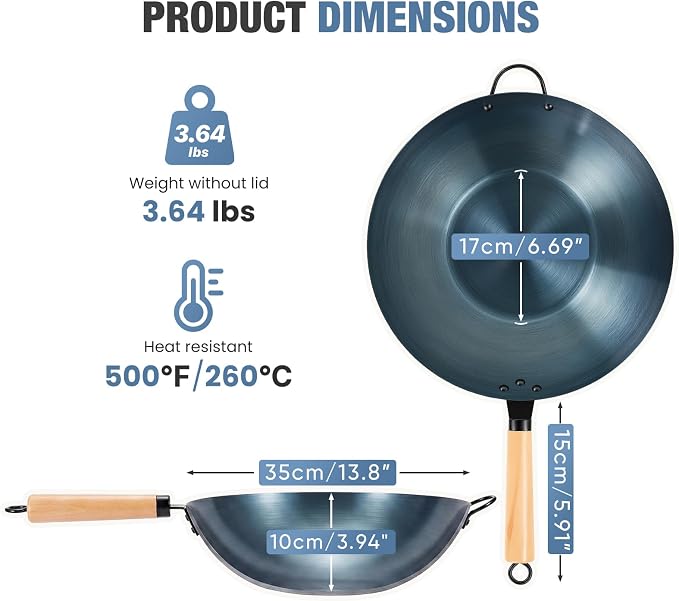 DUMOS 13.5" Carbon Steel Wok Pan, No Chemical Coating, Pre-Seasoned Flat Bottom Pow Wok for Family Meals and Camping, Compatible with Induction, Electric, Gas, Open Fire, Blue