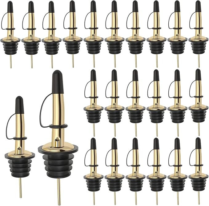 Pafusen 24 Pack Liquor Bottle Pourers, Liquor Pour Spout for Liquor Bottles, Stainless Steel Olive oil Dispenser Spout, Alcohol Pourer Spouts Dust Caps Covers Fixed, Gold