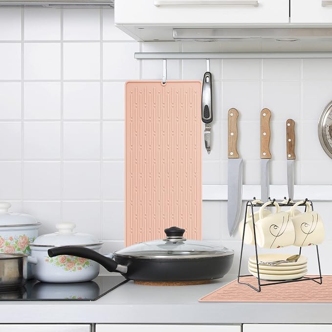 Dish Drying Mats, Heat-resistant Silicone Mat for Kitchen Counter, Non-Slip Dish Dry Mat Dishwasher Safe Large, Pink