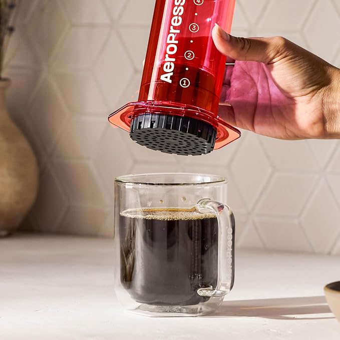 AeroPress Clear Red Coffee Press, French Press, Pour-Over & Espresso Style | All-in-One Manual Coffee Maker, 2-Minute Brew, Less Bitterness, More Flavor, Portable, Travel & Camping