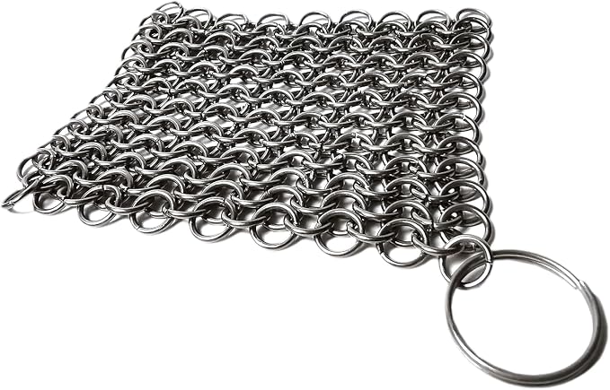 Cast Iron Scrubber 316 Stainless Steel Skillet Cleaner 3.9"x3.9" Chainmail Scrubber Chain Mail Scrub with Hanging Ring for Cast Iron Pre-Seasoned Pans, BBQ Grills Cookware Utensils Cleaning