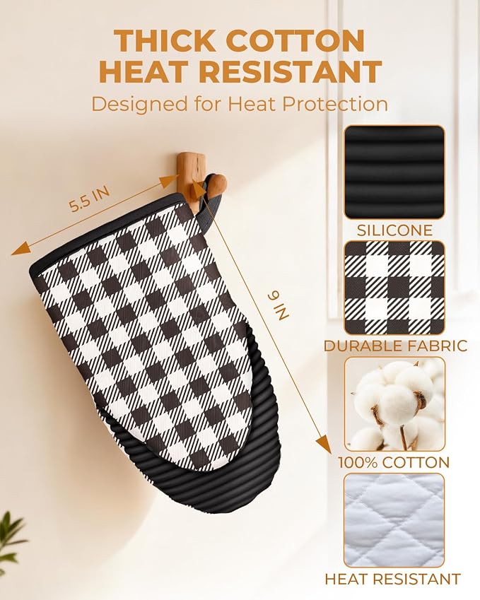 100% Thick Cotton Oven Mitts Ribbed Soft Silicone Black Gingham | Aesthetic Oven Mitts for Women, Machine Washable Non-Slip Kitchen Mitts, Reversible for Both Hands, Stylish Kitchen Decor