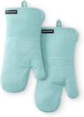 KITCHENAID Gourmet Series Gridlines Oven Mitts 2-Pack Set, Heat Resistant up to 600°F, Soft Silicone Grip, Magnetic Cuff, Mineral Water Aqua, 7"x14"