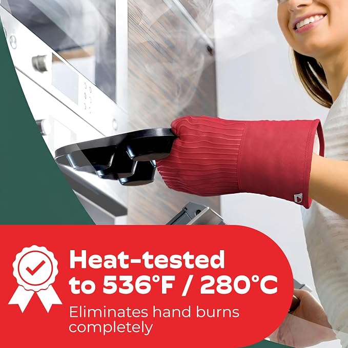 Silicone Oven Mitts - Red Set of 2-12.5" - Heat Resistant to 536 F / 280 C Kitchen Gloves - Professional Grade Protection Hot Cooking Baking