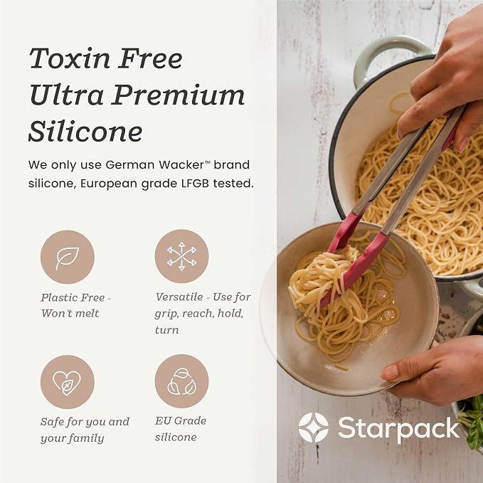 Starpack Get a Grip Silicone Kitchen Tongs (2-Pack, 9" + 12") - LFGB Non Toxic, 600°F Heat Resistant, BPA-Free - Heavy-Duty Stainless Steel, Locking - Dishwasher Safe for Nonstick Cookware Earthy Pink
