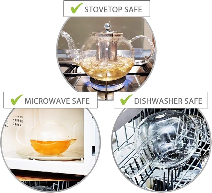 Glass Teapot Set with 4 Double Wall Tea Cups & Removable Stainless Steel Infuser, 35oz/1000ml Borosilicate Tea Kettle Stovetop Safe, Loose Leaf & Blooming Tea Maker Gift Set for Women