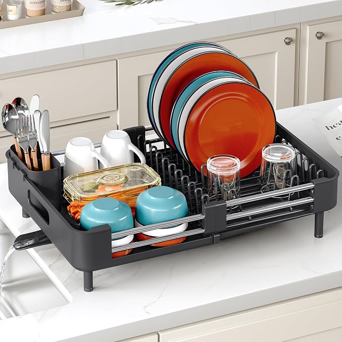 TOOLF Expandable Dish Drying Rack with Cutlery Holder, Standard, Black | Stainless Steel &PP, Extenable 12.6"-18.7"D, Anti-Rust, Auto-Drainage, Space-Saving, Fit for RV, Apartment Sink Countertop