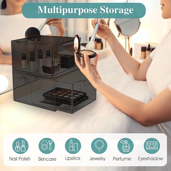 3 Pack Stackable Acrylic Makeup Organizer, Smoke Black Storage Drawers | Clear Plastic Drawer Organizers with Handles for Vanity, Bathroom, Bedroom, Cosmetics, Jewelry and Home Storage