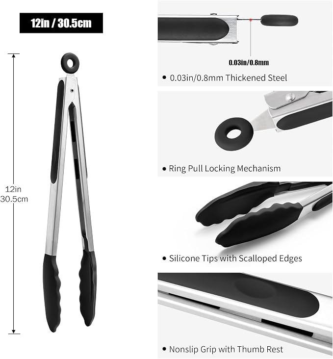 Doosu Kitchen Tongs with Silicone Tips for Cooking Serving (12in, Black) | 600°F Heat Resistant Food Tong, Heavy Duty Stainless Steel Locking Tong for BBQ, Grilling Steak, Salad, Toast, Pasta