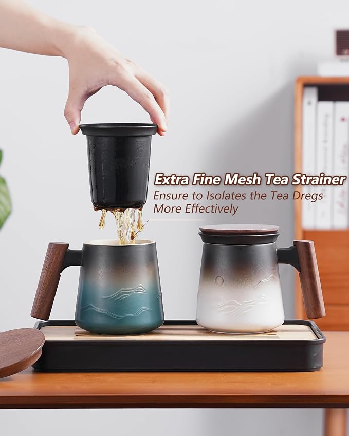 ZENS Tea Mug with Infuser and Lid for Loose Tea Steeper, 14.5oz Blue | Embossed Ceramic Tea Cup with Infuser for Herbal Tea Difussers, Tea Lovers Gifts, Modern Organic Wood Handle