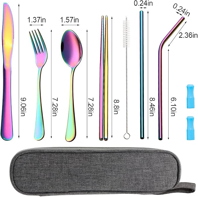 Travel Utensils Set with Case Reusable Portable Cutlery Set Stainless Steel 8pcs Including Dinner Knife Fork Spoon Chopsticks Straws(Rainbow) | Dishwasher Including Dinner Knife Fork Spoon Chopsticks Straws Travel Fork Spoon Knife for Work, School, Cam...