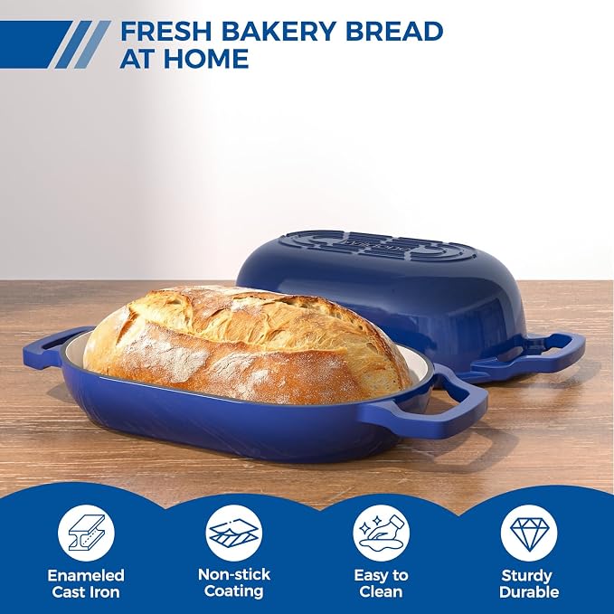 Wildone Enameled Cast Iron Dutch Oven Pot with Lid, Oval Bread Oven | Loaf Cast Iron Bread Pan for Homemade Bread Baking, Meatloaf Pan with Lid, 5.5QT, Blue