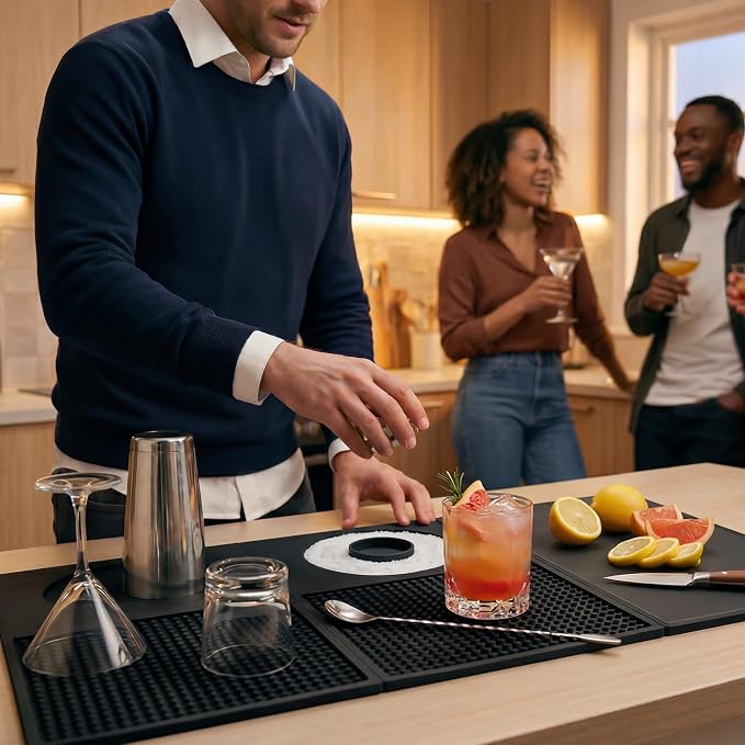 ZJWZLG 22"x12" Trifold Bar Mat with Cutting Board — 3-Zone Bartender Station, Extra Large Silicone Cocktail Mat, Folding Drink Prep Mat for Home Bar, Portable Bartending Accessories, Wipe-Clean(Black)