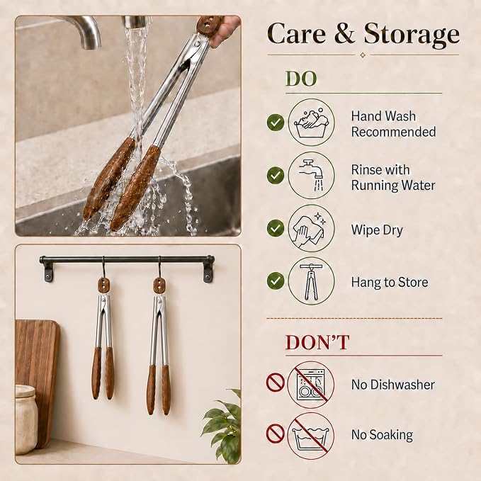 Walnut Wooden Tongs for Cooking - Salad Tongs for Serving Food(12"+15") Stainless Steel Kitchen Tongs for BBQ Grill, Wood Tongs Set