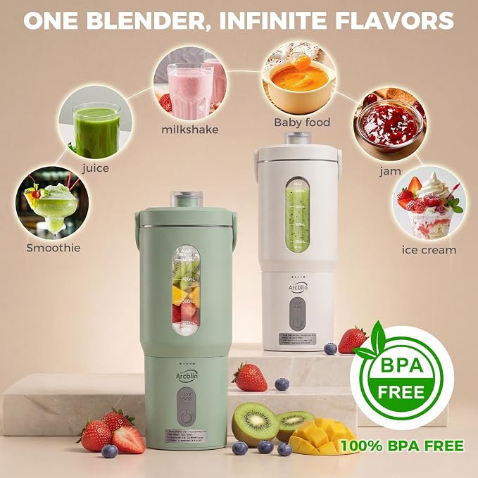 Portable Blender Shakes & Smoothies, Small Personal Blender, Green | 17oz Detachable To-Go Cup, Carry Handle, USB-C Rechargeable, 6-Leaf Stainless Blades, Auto-Shutoff, BPA-Free, Hand Wash