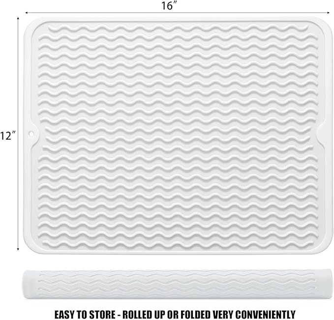 Silicone Dish Drying Mat, Non-Slip Easy Clean Sink Mat, White, 16" x 12" | Quick-Dry Ridges, Large Heat-resistant Dish Drainer Mat for Kitchen Counter, Hangable & Roll-Up for Storage, Dishwasher Safe