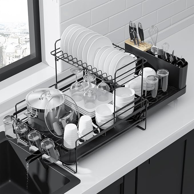 Kitsure Extendable Dish Drying Rack, 19.2"-26.7" L x 12.9" W, 2-Tier | Large Dish Rack, Multifunctional Dish Rack for Kitchen Counter, Anti-Rust Dish Drainers with Cutlery & Cup Holders, Black