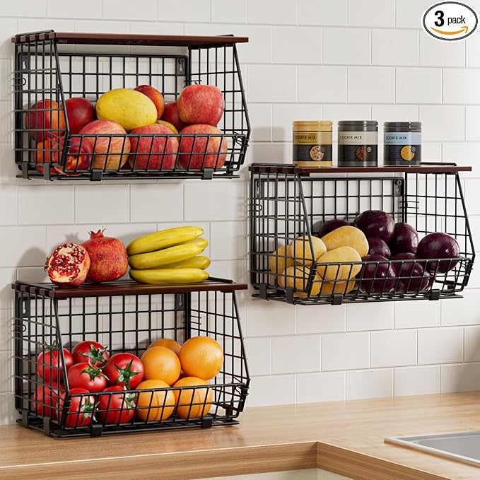 Hanging Fruit Basket for Kitchen, 3 Pack Vegetable Produce Basket | Wall Mounted & Countertop Wire Storage Basket for Potato Onion Fruits Vegetables, Pantry Organizers Storage