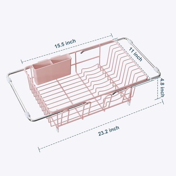 JASIWAY Pink Dish Drying Rack in Sink, Dish Drainer with Utensil Holder | Over The Sink Expandable Stainless Steel Strainer Dryer Rack for Small Kitchen, Counter Space Saving, Fast Drain, Rustproof