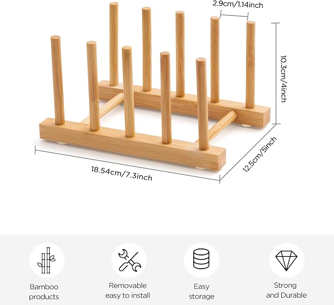 Bamboo Dish Drying Rack for Kitchen Counter & Cabinet (4 Slots) | Detachable Dish/Book/Plate/Bowl/Cup/Cutting Board/Pot Lid Organizer for Kitchen, Living Room, Study, Display Cabinet
