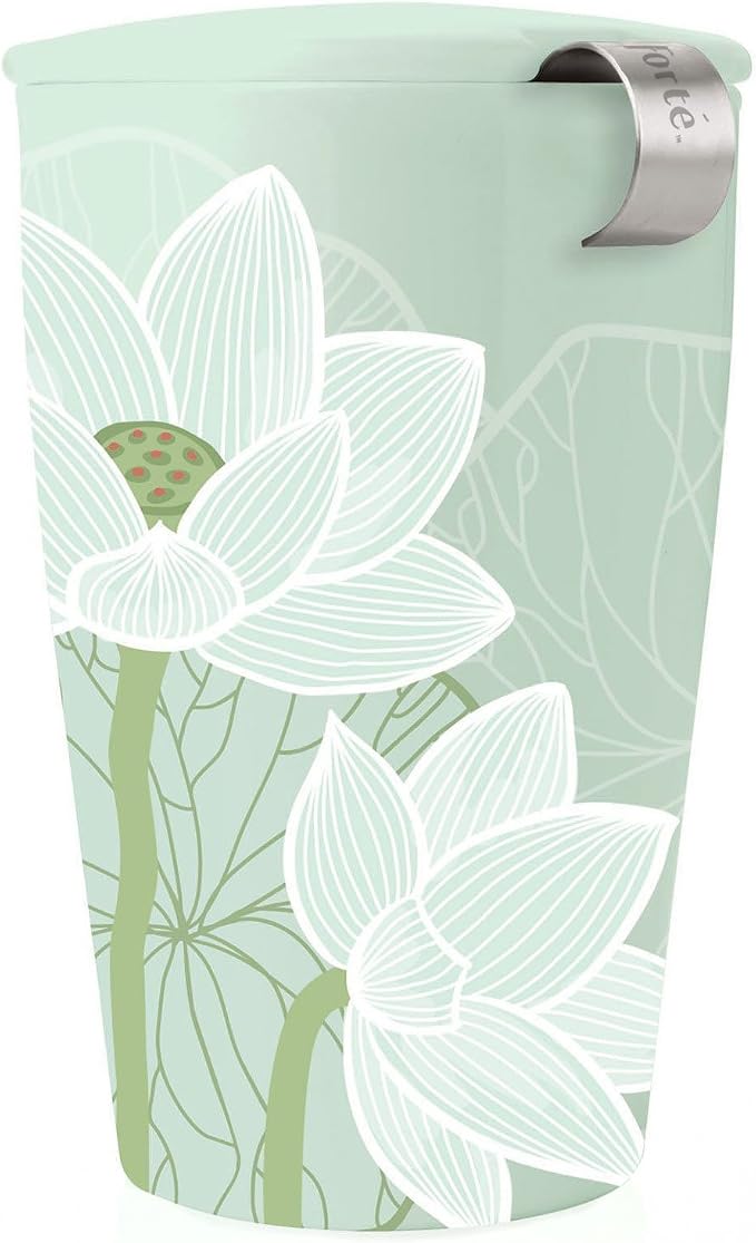 Tea Forte Double-Walled Ceramic Kati Cup, Lotus Blossom, 12 oz | Insulated Ceramic - Stainless Steel Loose Leaf Infuser - Keeps Tea Hot Longer - Lid Included - Microwave & Dishwasher Safe