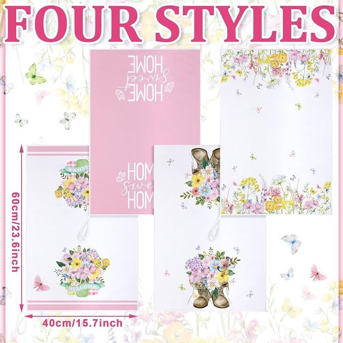 4 Pcs Floral Kitchen Towels Set Pink and White Hand Tea Towels | Butterfly Flower Dishcloths Fast Drying Absorbent Housewarming Gift for Cooking Kitchen Bathroom Decor