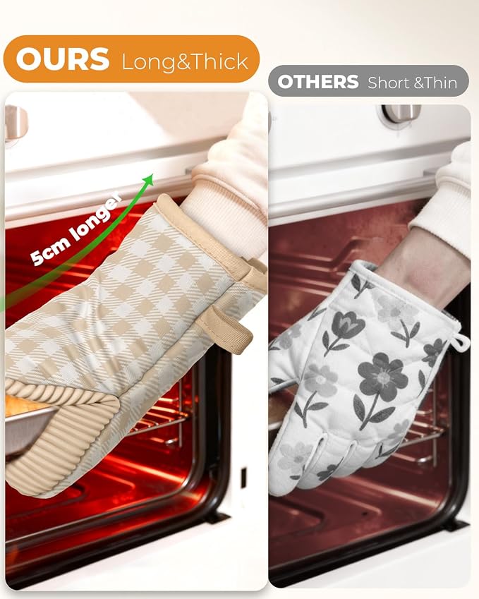 100% Thick Cotton Oven Mitts Ribbed Soft Silicone Beige Gingham | Aesthetic Oven Mitts for Women, Machine Washable Non-Slip Kitchen Mitts, Reversible for Both Hands, Stylish Kitchen Decor
