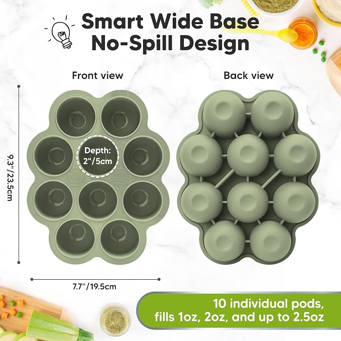 KeaBabies Silicone Food Freezer Trays with Lid, 2oz x 10 Pods (Sage) | Baby Food Storage Containers, Easy Puree Meal Prep, Breast Milk Silicone Freezer Molds, Dishwasher, Microwave Safe, BPA-Free