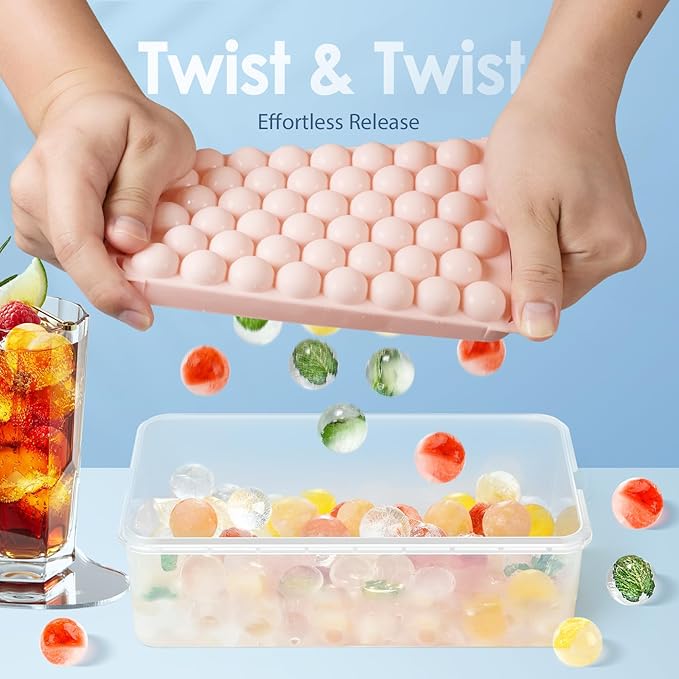 Ice Cube Tray with Lid and Bin, 0.8" Round Ice Trays for Freezer | 2 Pink Ice Cube Trays with Ice Box & Tong, 0.8" Round Ice Balls for Iced Coffee & Juice, Easy Twist Release, For Gatherings