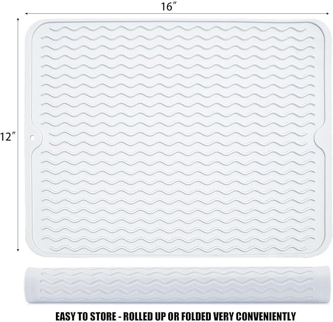 Silicone Dish Drying Mat, Non-Slip Easy Clean Sink Mat, Translucent,16"x12" | Quick-Dry Ridges, Large Heat-resistant Dish Drainer Mat for Kitchen Counter, Hangable & Roll-Up for Storage, Dishwasher Safe