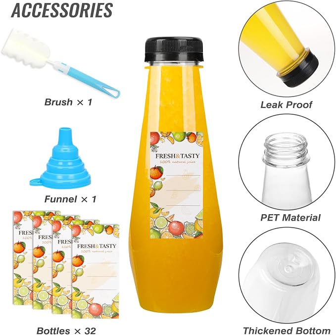 32pcs 12oz Cone Juice Bottles with Caps, Sticker Labels, Brush | Empty Plastic Juicing Bottles with Caps, Reusable Clear Bulk Beverage Containers for Juicing, Drinkings, Milkshake, Tea