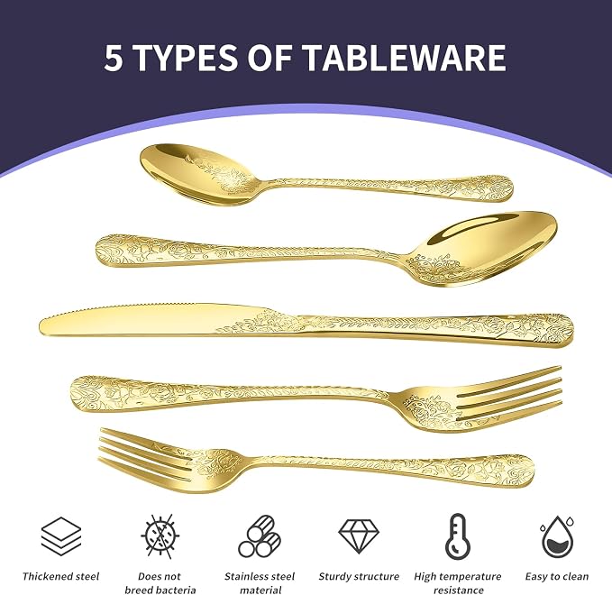 20 Pcs Gold Silverware Set for 4, Food Grade Stainless Steel Flatware Set, Eating Utensils Sets Include Fork/Knife/Spoon, Reusable Cutlery Set for Home Kitchen, Dishwasher Safe, Embossed pattern-1