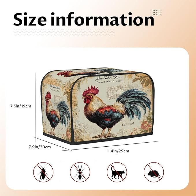 2 Slice Toaster Cover Rooster Animal Vintage Toaster Covers Two Slice Wide Slot Waterproof and Dustproof Covers for Wide Slot Toasters and Small Appliances Kitchen Decor Gifts