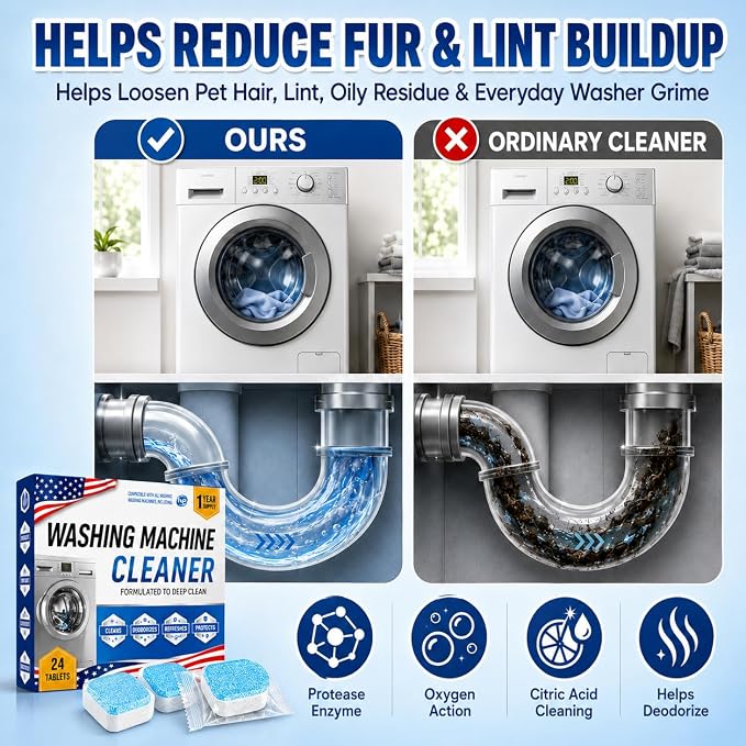 Washing Machine Cleaner Tablets, 24 Pack Enzyme Washer Cleaner | 5X-Power Enzyme Wahser Cleaner Fight Odor Refreshing Laundry, Deep Clean Residue, Grime Compatible with HE, Top & Front Load