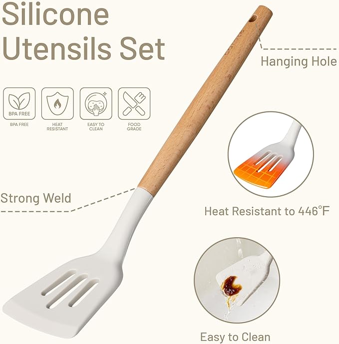 CAROTE 22-Piece Cooking Utensils Set with Wood Cool-Touch Handles, Cream | Silicone Kitchen Utensil, Food Grade, Nonstick Cookware Friendly, BPA-Free, Heat-Resistant, Everyday Home Essentials, Gifts