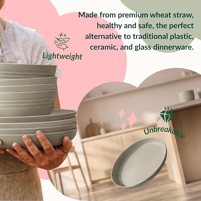Wheat Straw Dinnerware Sets 20 PCS Unbreakable Plates and Bowls Sets Microwave Safe Camping Dish Set Kids Dinnerware Set, Kitchen, Apartment, Party, RV, Picnic, Dorm-Grey