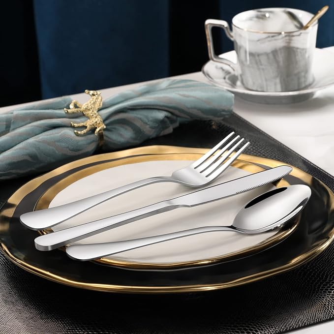 Hiware 24-piece Forks and Spoons Silverware Set, Food Grade Stainless Steel Flatware Cutlery Set for Home, Kitchen and Restaurant, Mirror Polished, Dishwasher Safe