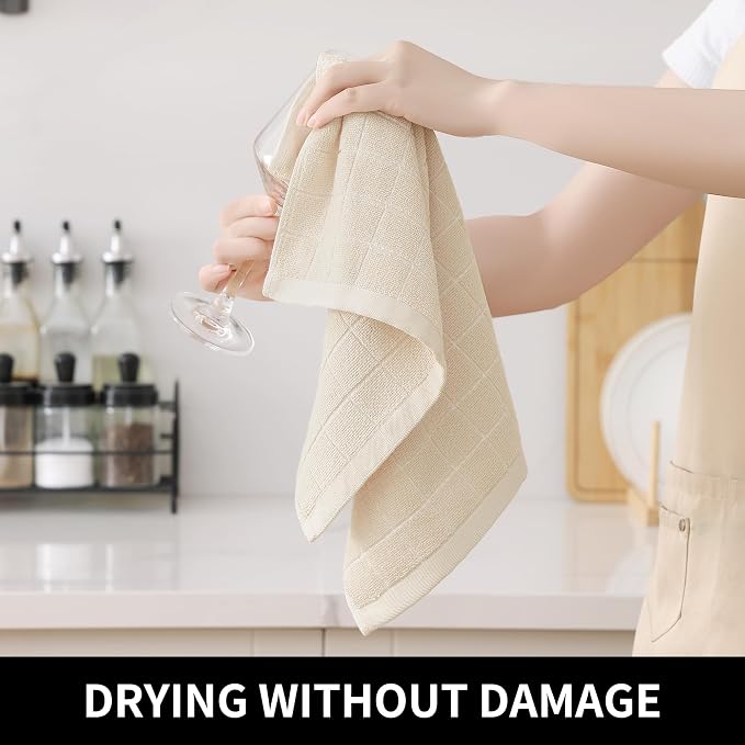 Homaxy Kitchen Towels and Dishcloths Set, Set of 8, Beige | Bulk Cotton Terry Kitchen Towels, Checkered Designed, Soft and Super Absorbent Dish Towels, 12 x 12 and 13 x 28 Inches