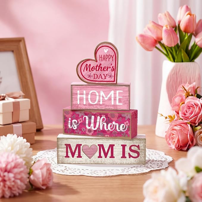 Lineshading 4 Pcs Wooden Block Signs Mothers Day Farmhouse Tabletop Decor | Stackable Tiered Tray Decor for Mom, Rustic Table Centerpiece Gift, Floral Wooden Pieces, Kitchen Shelf Farmhouse Accent