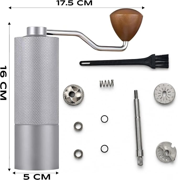 Manual Coffee Grinder - Stainless Steel Burrs, Adjustable Grind Settings, Portable Hand Crank for Espresso, Drip, French Press - Compact, Durable, Ideal for Home & Travel (Silver)