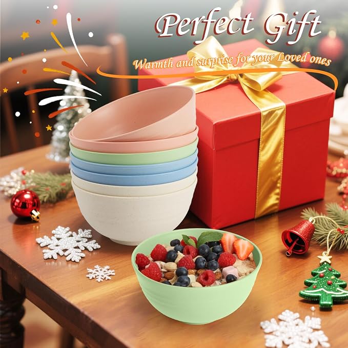 Wheat Straw Bowls, Unbreakable Cereal Bowls Microwave Safe, 8 PCS Lightweight Stackable Snack & Soup Bowls for Kitchen, Camping, Party, Dishwasher Safe Plastic Bowl Alternative (Light, 26oz)